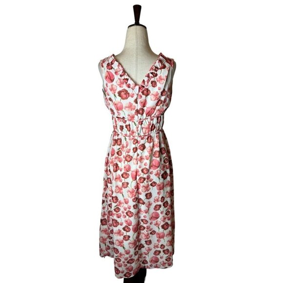 Samantha Sipos Ivory And Red Strawberry Floral Print Ruffle Midi Dress Size M - Picture 3 of 12